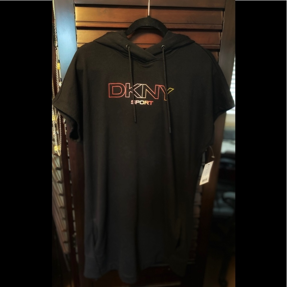 DKNY short sleeve pull over hoodie dress with pockets, size M